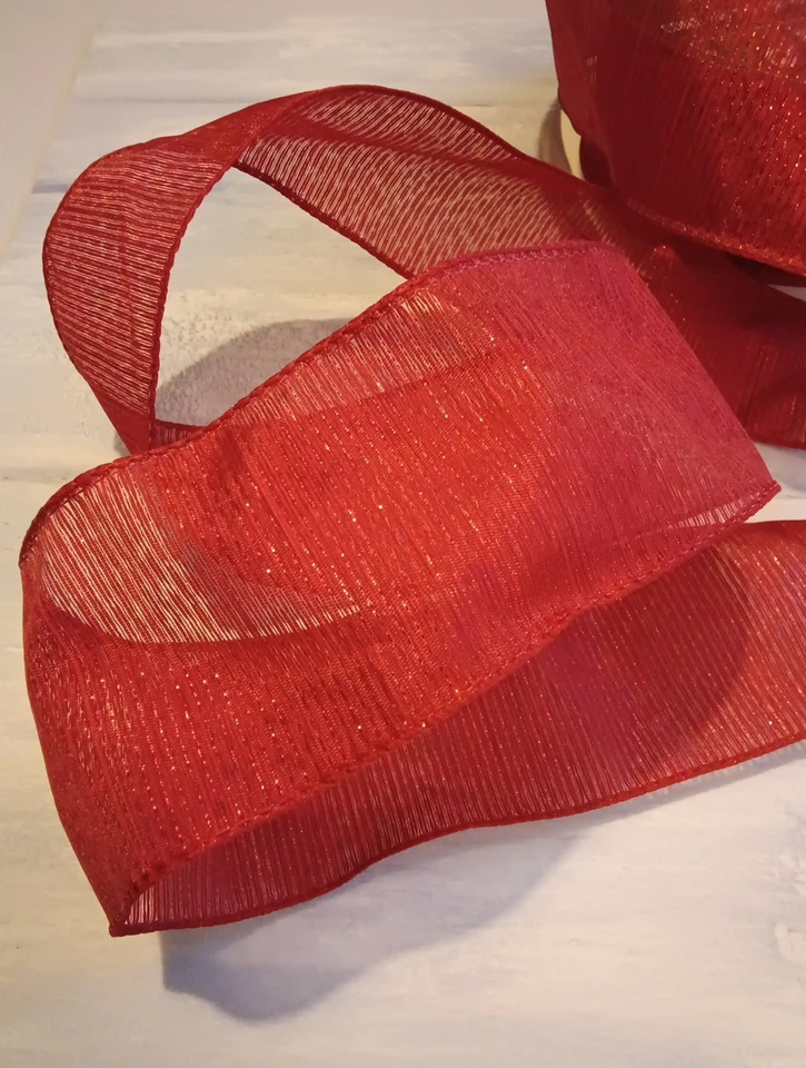 Wide Ribbon 2.5 inch Red Glitter Stripes Translucent Christmas Wired Festive - Image 2 of 4