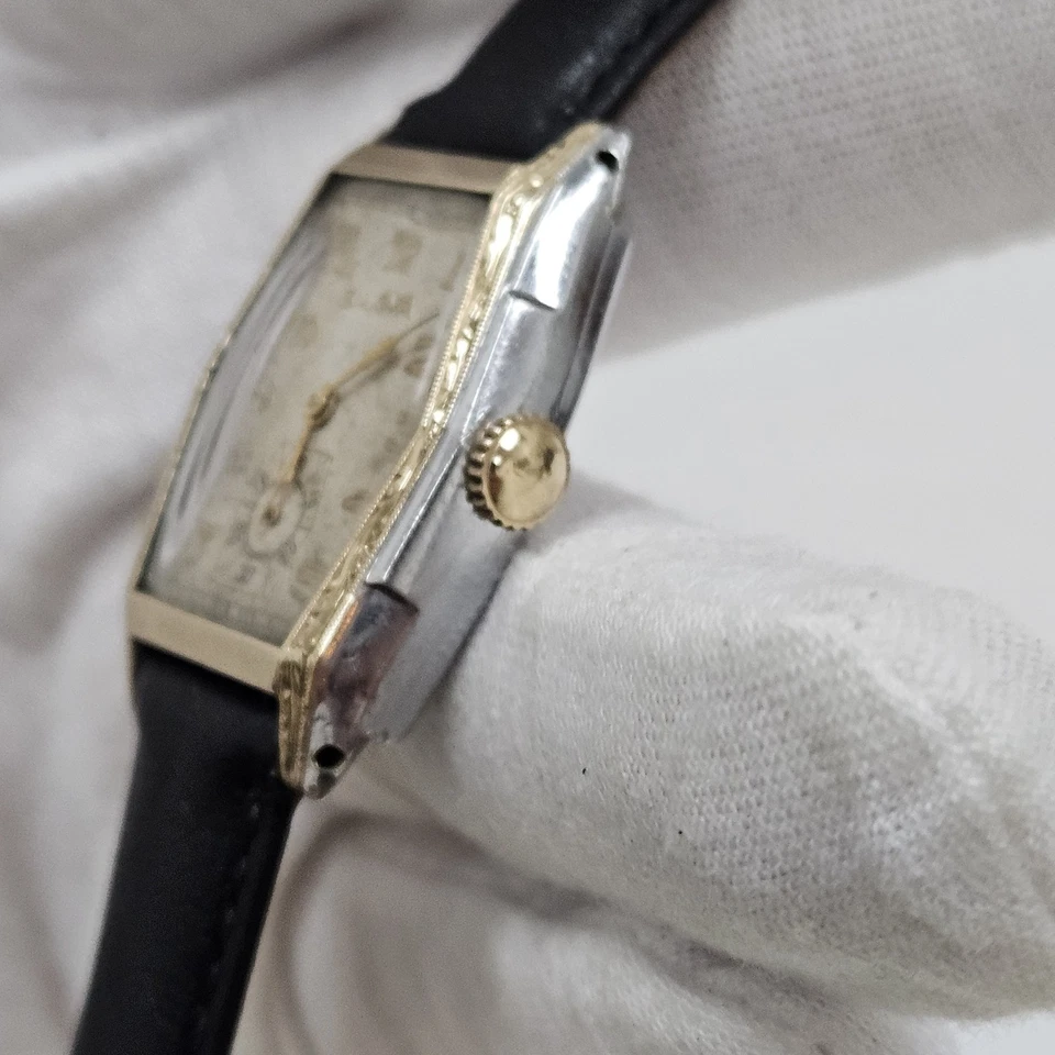 Rare Vintage Bulova Deco Men Two Tone Watch Carved Case Cal 10AN 15 Jewel Swiss - Image 3 of 4