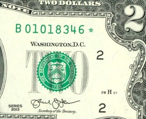 ** STAR ** $2 2013 (CHOICE/ GEM) FANCY SERIAL # CURRENCY (2nd of 4 consecutive)
