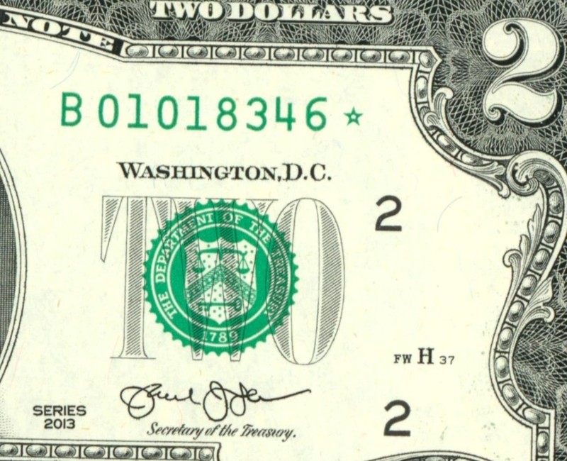** STAR ** $2 2013 (CHOICE/ GEM) FANCY SERIAL # CURRENCY (2nd of 4 consecutive)