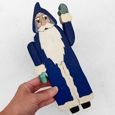 VTG Folk Art Hand Carved Wooden Blue Old World Santa Claus Figurine 12in