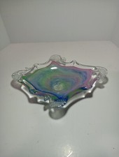 Hand Blown Stretched Rainbow Art Glass Bowl Murano 7.5X5.25 Blue Pink Grn