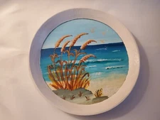 Vintage Original Rare Round Florida Beach Scene Painting. 7.5 in circumference.