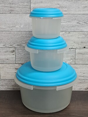 3pc Set 9.5oz, 16oz, 60oz Round Plastic Food Storage Bowls Blue Lids Unbranded 