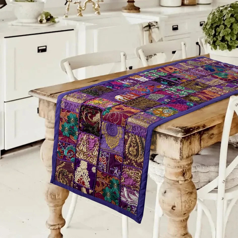 Indian Cotton Patchwork Table Runner Embroidered Dining Purple Table Tapestry - Image 4 of 4