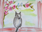 New ListingCat Sitting On A Window Birds Flowers Watercolor Painting Collectible Art