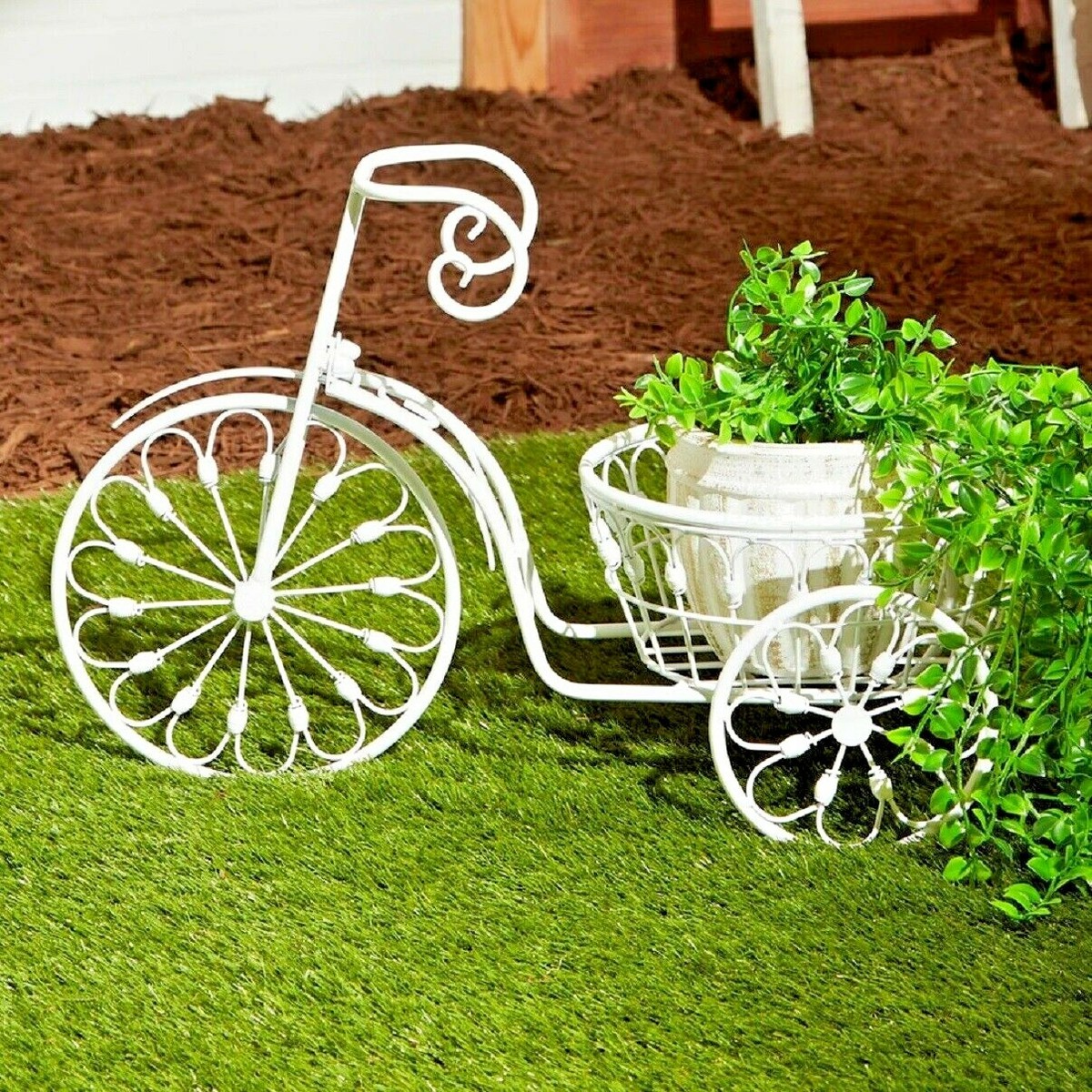 White Iron Wheeled Bicycle Planter Entryway Patio Garden Vintage