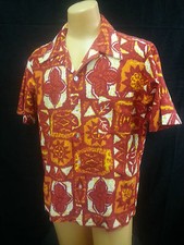 Vtg 60 70s RARE Men Hawaiian Shirt Psychedelic Orange Red Yellow Hippie M/L