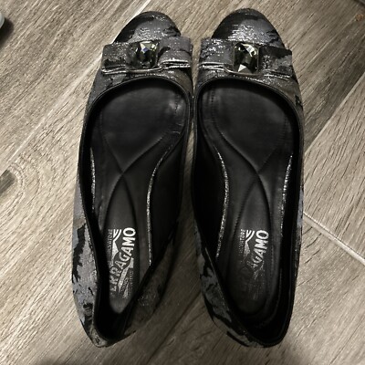Salvatore Ferragamo Varina Black/Silver Fabric Jeweled Flats