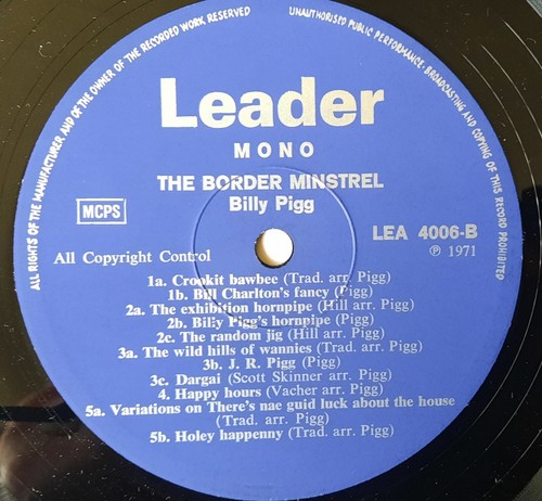Billy Pigg-The Border Minstrel UK Leader Records Mono Folk LP 1971 A1/B1 - Foto 8 di 8