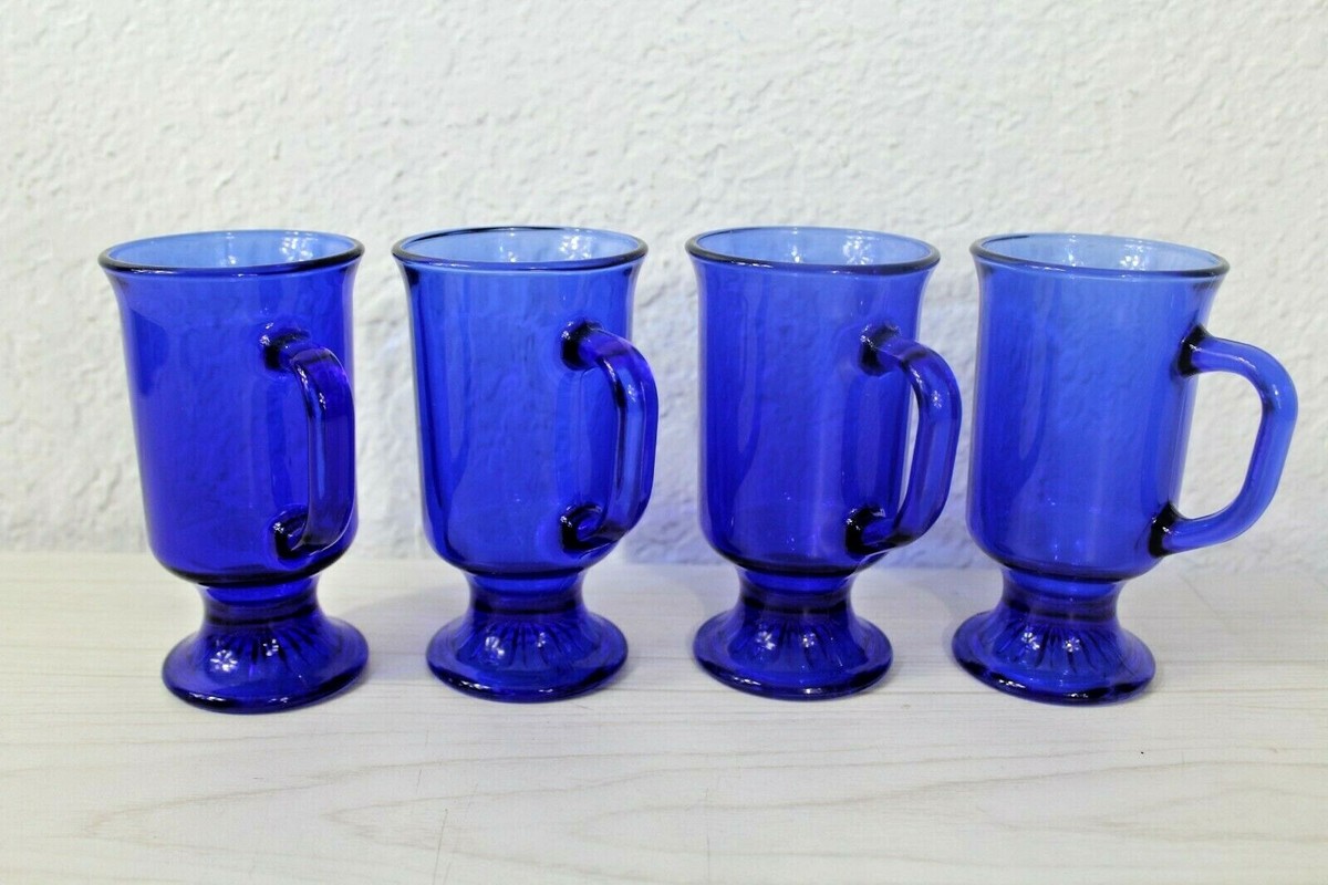 Set 4 Vintage Anchor Hocking Cobalt Blue Glass Coffee Tea Footed