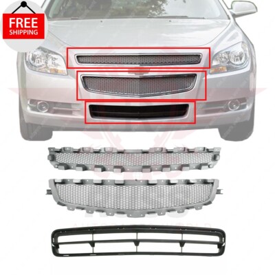 For 2008-2012 Malibu Front Bumper Upper + Center + Lower Silver and Black Grille