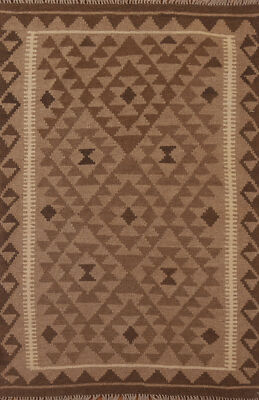 Brown Kilim Rugs Rectangle Flatweave Pile Wool Kelim Carpets 4x5 ft