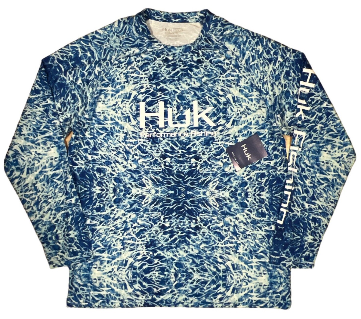Chemise De Pêche HUK Performance, Homme, Manches Longues, Bleu, Motif Camouflage, UV, Taille L - Neuf
