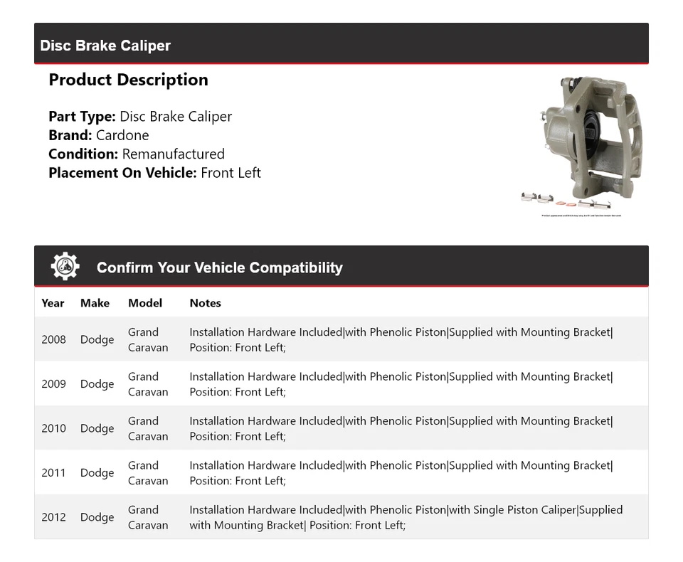 Pinza de freno de disco delantera izquierda Cardone 2009 para Dodge Grand Caravan 2008-2012 Foto 2 de 4