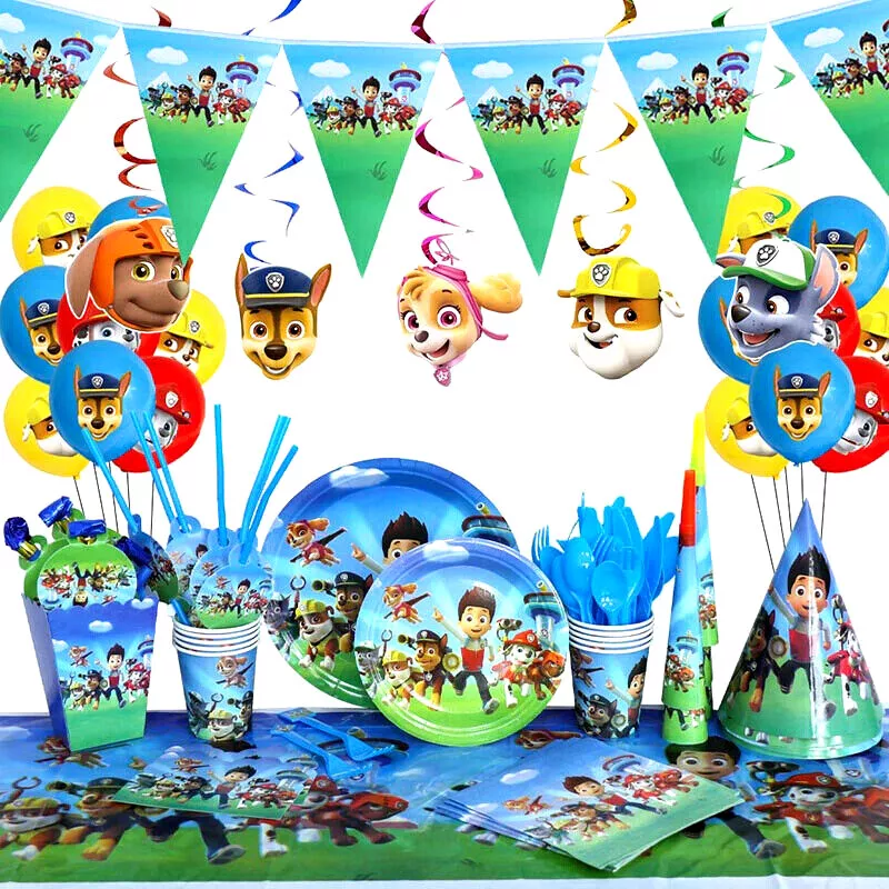 PAW PATROL PARTY BIRTHDAY DECORATION PLATES CUP BANNER COVER CHASE MARSHALL SKYE