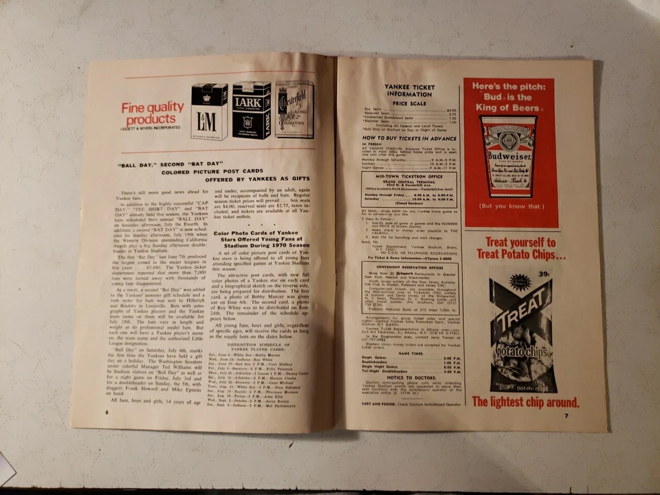 Tarjeta de puntuación y programa oficial firmada vintage del 21 de julio de 1970 de los Yankees de Nueva York Foto 4 de 4