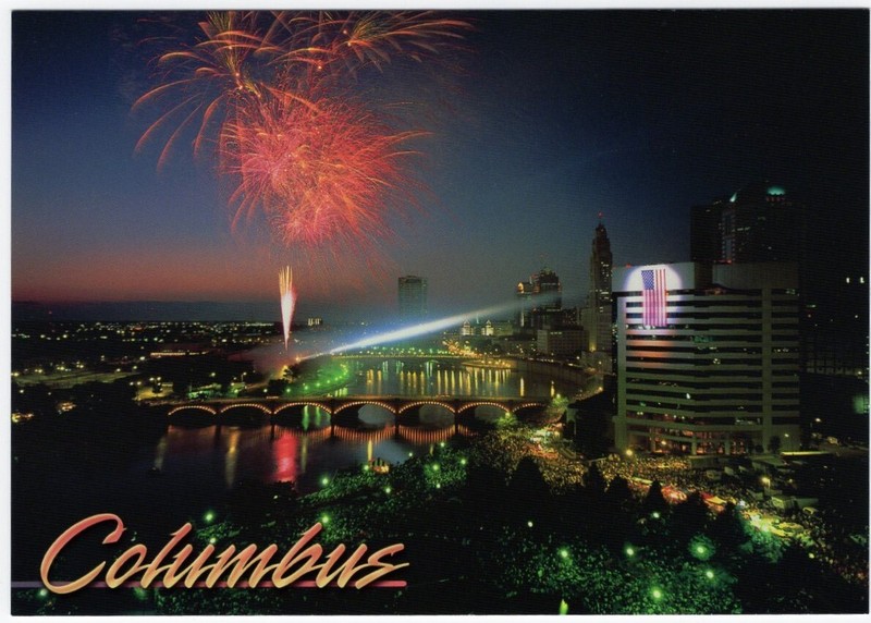 Color Postcard: Downtown Columbus, Ohio, at night, Fourth of July fireworks