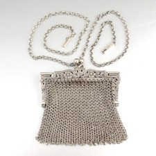 Antique French Sterling Silver Mesh Purse with Chain, Two Compartments, Cutwork