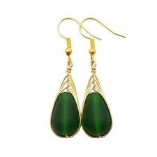 Hawaiian Jewelry Sea Glass Earrings, Gold Braided Forest Green Earrings, Beach