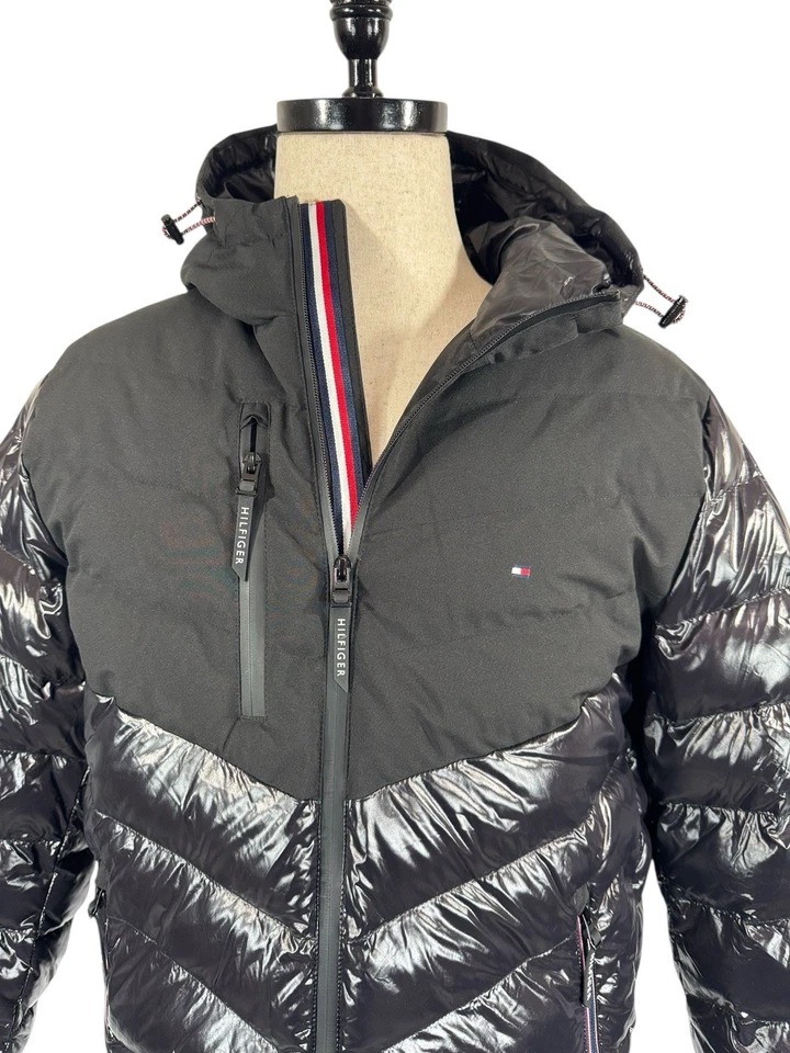 Tommy Hilfiger New Ultra Loft Puffer Jacket Size M Glossy Black Mixed Media - Image 3 of 4