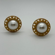 Anne Klein Vintage Gold-Tone Faux Pearl Clip-On Earrings Elegant Round READ
