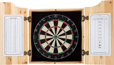 Trademark Poker Dart Board Cabinet Set w/ 6 Metal Tip Darts Dry Erase Scoreboard