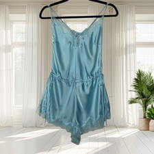 Victoria's Secret Medium Satin Side-Tie Teddy Romper Bodysuit Lace Blue