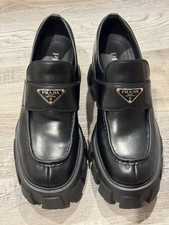 Prada Black Leather Loafers Men's Dress Shoes Rubber Sole Round Toe Logo