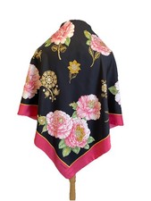 S1 VALENTINO Silk Scarf Made in Italy Black Pink Floral Peony Jeweled Brooch