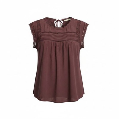 Daniel Rainn Blouse Burgundy Cap Sleeve Crochet Lace Yoke Pintuck Boho Top
