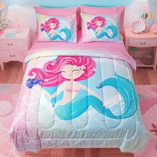 Pink Mermaid Twin Bedding   Comforter Sets for Girls, 5-Piece Soft Set with M...