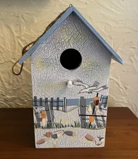 Hand Painted Wood Birdhouse Beach Scene 8 Inches Tall Coastal Design