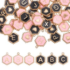 52 Pcs Letter Initial Charm A-Z Hexagon Letter Charm Black, Pink 
