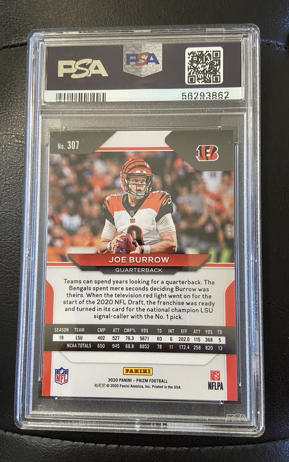 2020 Panini Prizm #307 Joe Burrow Rookie Card PSA 10 Cincinnati Bengals view 2