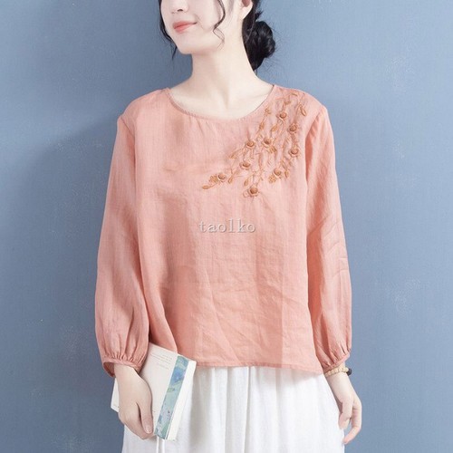 Women Long Sleeve Shirt Floral Embroidery Cotton Linen Blend Tops Loose Fit Thin - Bild 23 von 29