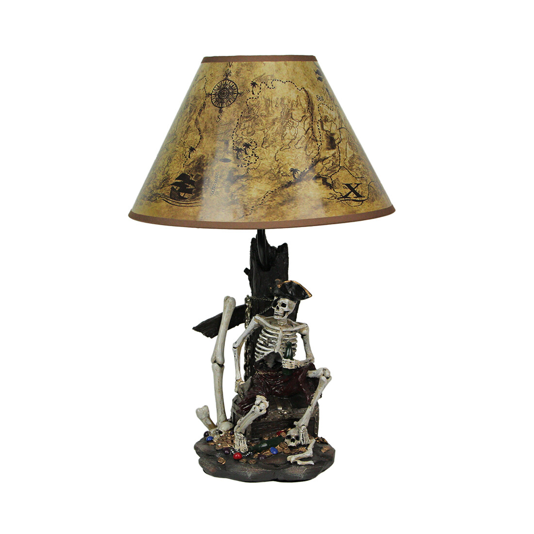 Zeckos Pirate Skeleton Table Lamp With Treasure Map Lamp Shade 21 Inches Tall