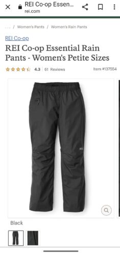 REI Co-Op Women’s Essential Black Waterproof Rain Wind Hiking Pants Size Large