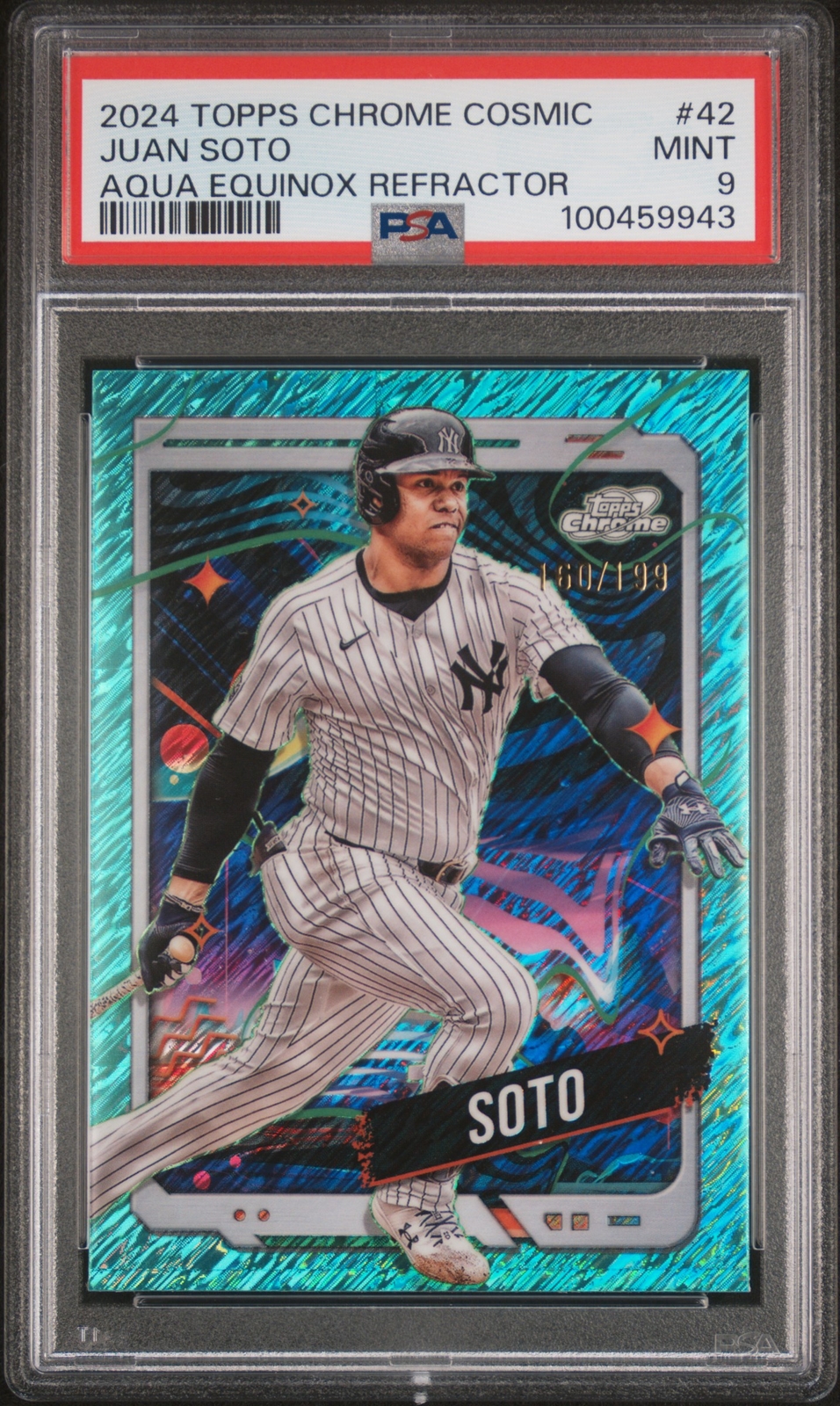 2024 TOPPS CHROME COSMIC AQUA EQUINOX REFRACTOR #42 JUAN SOTO 160/199 PSA 9