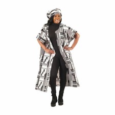 Black White Open Cotton Kaftan w/Short bell Sleeves  Head Wrap. Made N India.