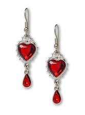 Valentines Romance Red Heart Crystal Dangle Earrings In Thorns and Roses 1048