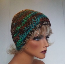 TURQUOISE BROWN MULTI BEANIE CAP HAT HAND CROCHET BERET SKULL CAP CLOCHE TAM