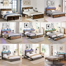 Full/Queen/King Size Bed Frame w/ LED Headboard and USB Port Metal Platform Bed