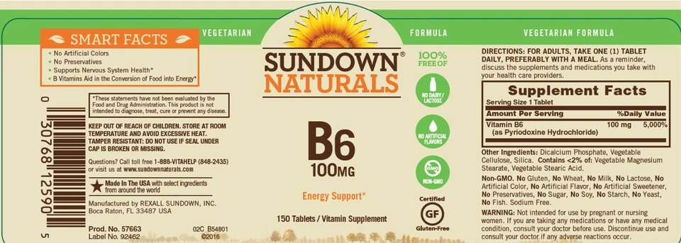 Sundown Naturals витамин B-6 100 мг, 150 таблеток энергетическая поддержка пренатальное здоровье + - Изображение 2 из 2