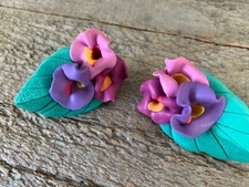 Vtg Purple Pink Primrose Fimo Polymer Clay Clip Earrings 3D Cluster 1980s