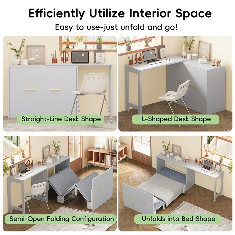 Mueble cama Murphy tamaño doble con escritorio de posición ajustable y cojín plegable, gris Foto 4 de 4