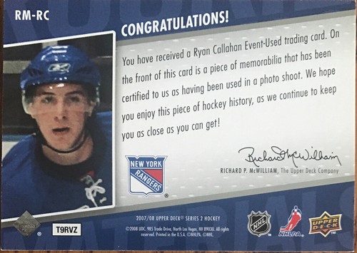 2007-08 Upper Deck Rookie Materials Ryan Callahan RM-RC New York Rangers - Picture 2 of 2