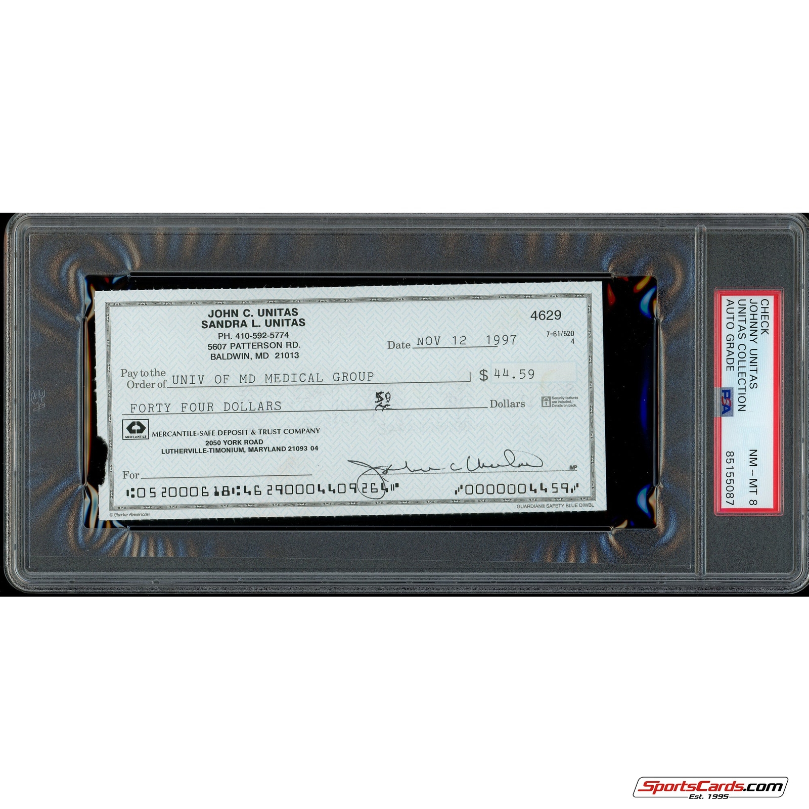 Johnny Unitas Signed Autographed Personal Check PSA DNA NM-MT 8
