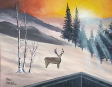 Snowy Sunset with Dear 16 x 20 Oil on Canvas Board Artist Marc Charles Tonzillo
