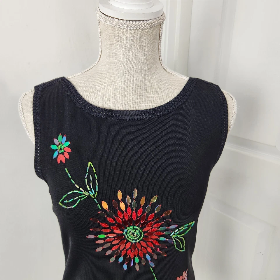 Sweater Works Top Womens M Black Sequin Floral Vintage Beaded Sweater 90s Cute - Изображение 2 из 4